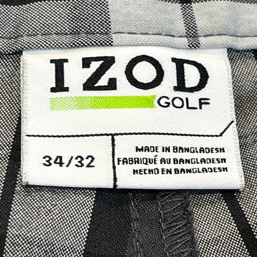 IZOD Golf Pants Mens 34x32 Black Gray Plaid Flat Front Preppy‎ Classic Bold
